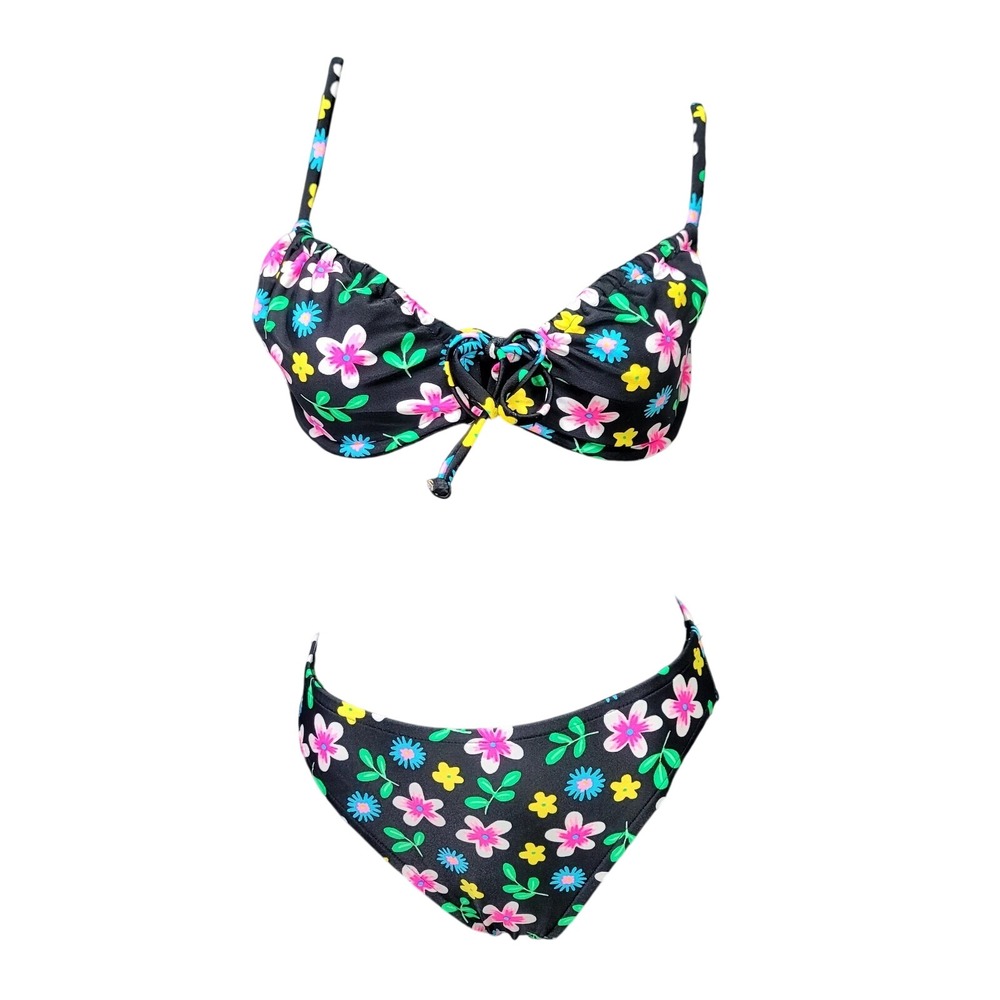 Y2K Victorias Secret Floral Bikini Set Black Pink Daisy Sweetheart‎ Tie Front S